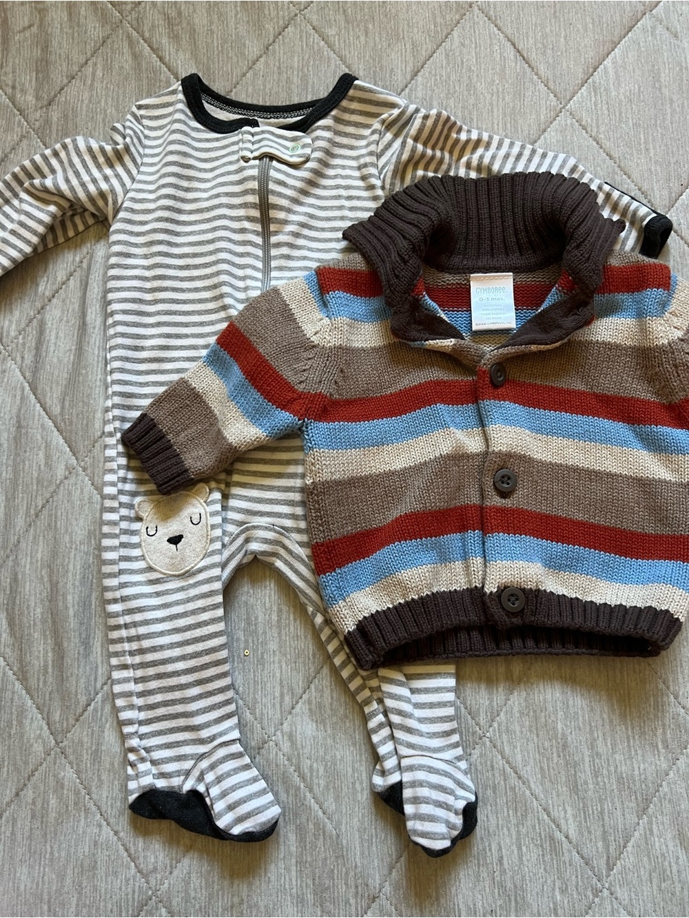Striped Footed Sleeper & Striped Knit Cardigan Set - Brown, Blue, Red, Cream